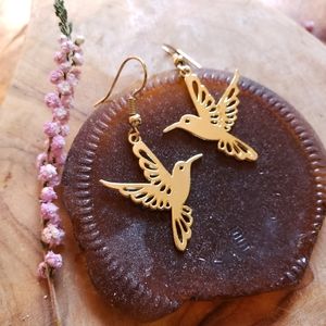 Handmade Hummingbird Charm Golden Earrings